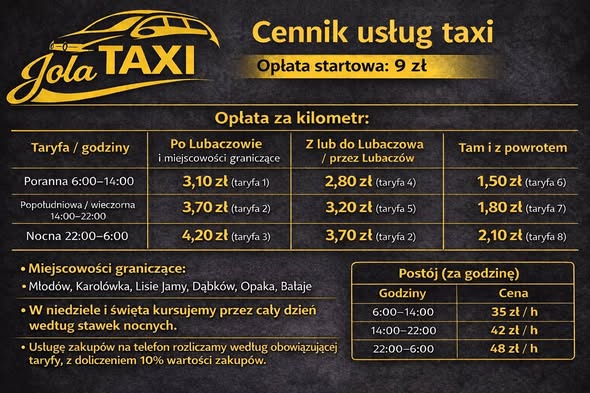 Cennik taxi Lubaczów 2026 — ile kosztuje przejazd? Taryfy i opłaty
